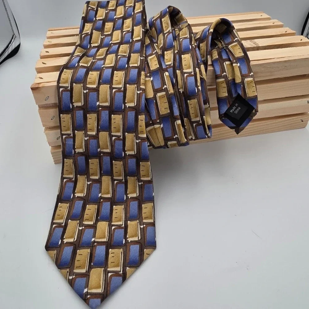 J Garcia Last Chance Collection Fifty-Four Silk Tie Blue‎ Gold Geometric Mens